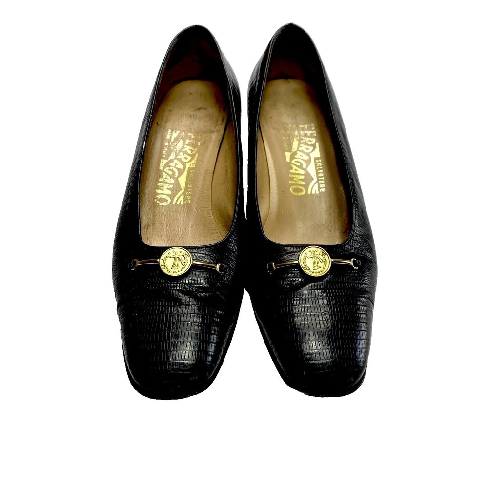 Salvatore Ferragamo Leather Pump Heel Shoes Womens 6C Black Lizard